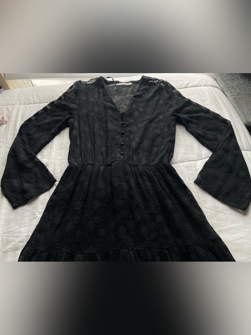 Mango Black Floral Embroidered Sheer Tiered Maxi Dress 4 Whimsigoth Dark Cottage - Picture 5 of 11